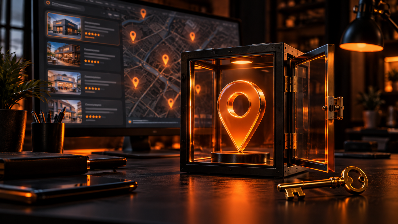 Glowing orange map location pin inside an open display case, with local business listings on a computer behind it.